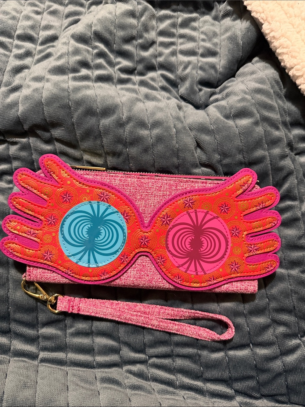 Loungefly Pink Wristlet Clutch with Blue & Pink Sunglass Appliqué